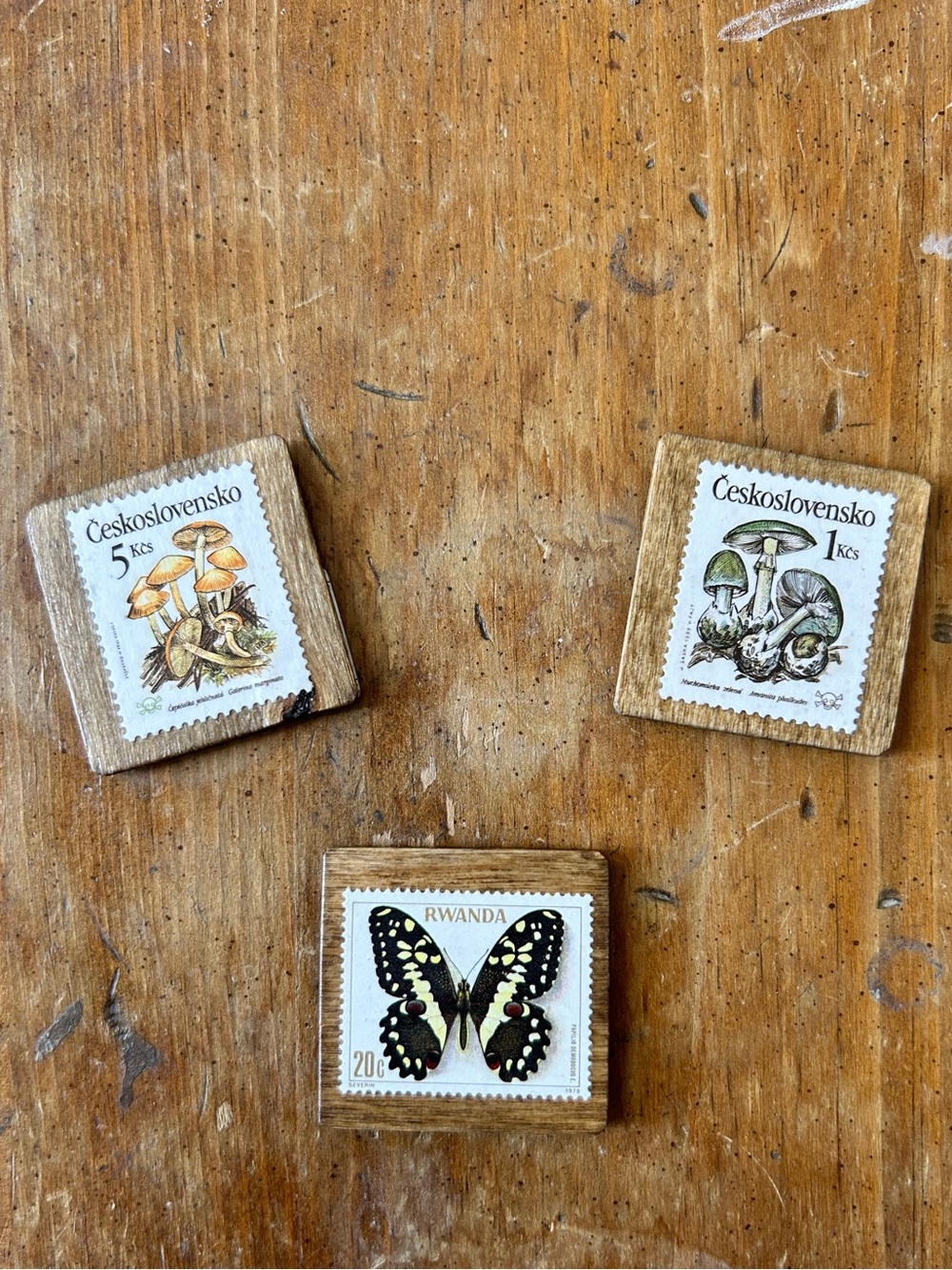 Handmade Vintage Postage Stamp Magnets On Wood • you pick one